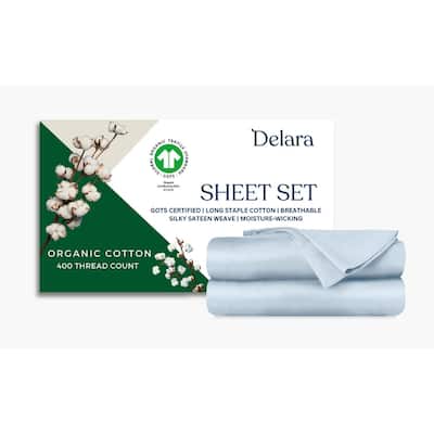 Delara GOTS Certified 100% Organic Cotton Sheet Sets, 400TC Long Staple Cotton, Ultra Soft, Moisture-Wicking,Smooth & Breathable
