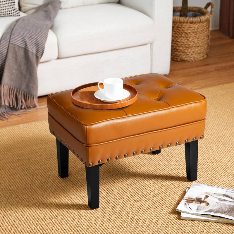 Glitzhome 22"W Mid-century PU Leather Tufted Ottoman Foot Stool