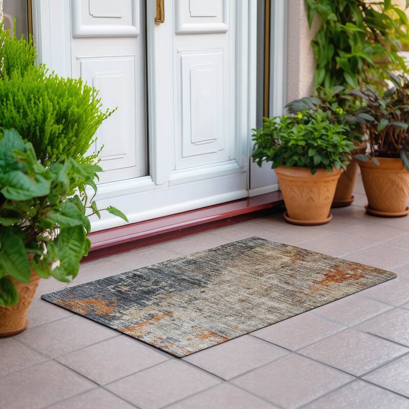 Machine Washable Indoor/ Outdoor Abstract Contemporary Chantille Rug