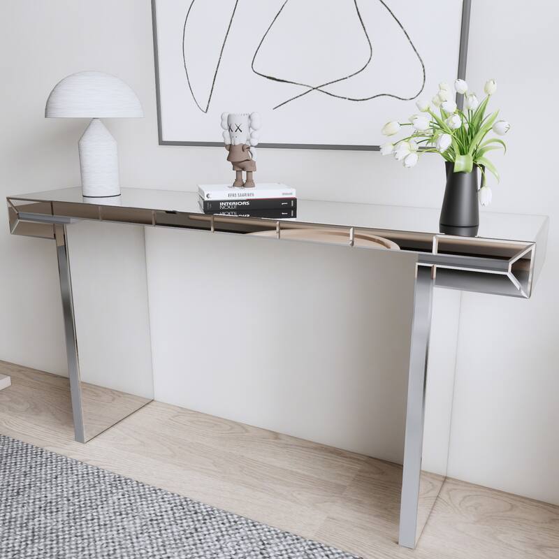 Mirror Console Table Sofa Table with Fluted Tempered Glass