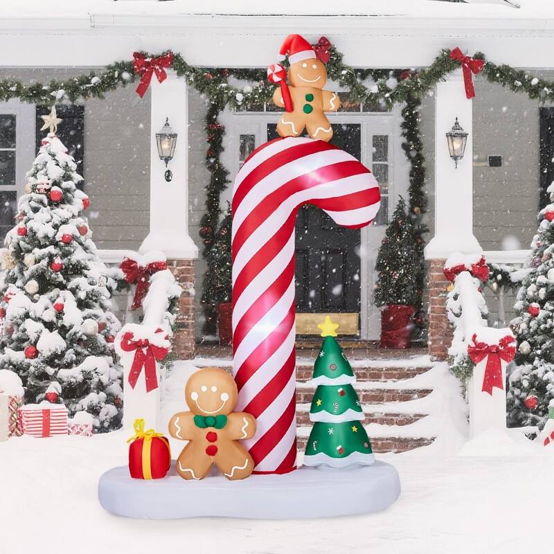 8.2FT Lighted Giant Candy Cane with Gingerbread Men Christmas Inflatable Decoration - Red