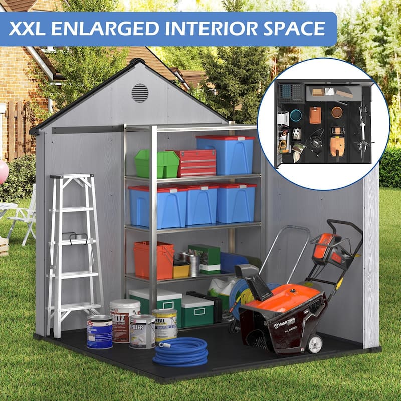 8ft Outdoor Plastic Storage Shed With Floor, 435 Cuft Waterproof Garden Shed With Lockable Door, Plastic Tool Storage