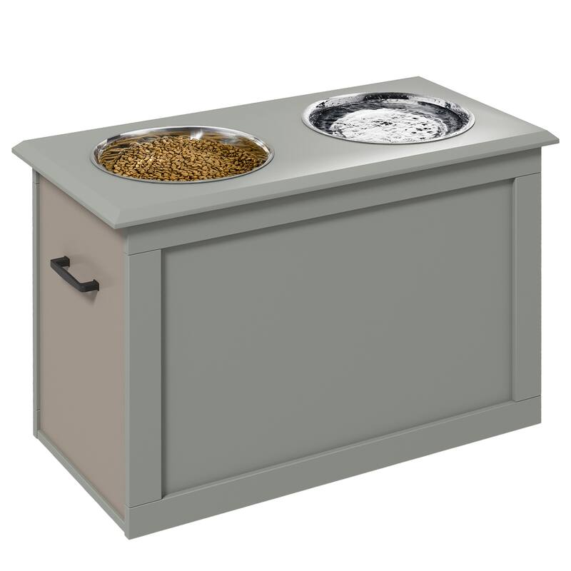 Raised Pet Feeding Storage Station with two Stainless Steel Bowls Base for Large Dogs and Other Large Pets - Gray