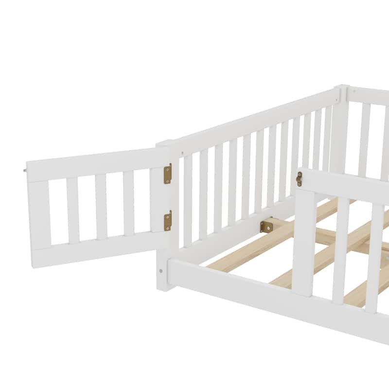 Montessori Toddler Floor Bed with Fence and Switchable Door, Low Profile Bed Frame with Removable Slats, Safe Transition Bed