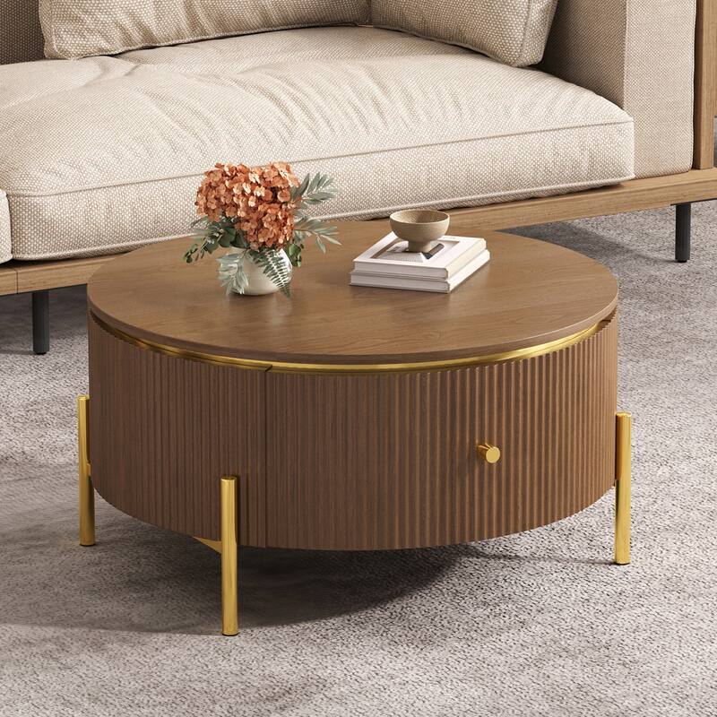 31.5" Round Coffee Table with Storage, Accent Center Table with 2 Drawers, Brown Cocktail Table with Metal Legs