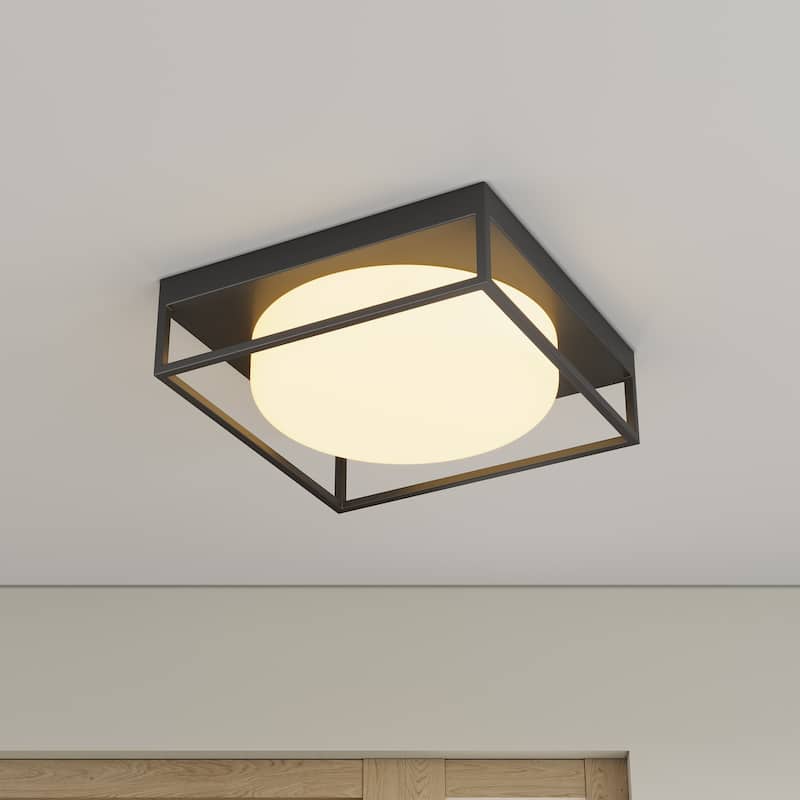 Farmhouse Square Metal Frame Flush Mount Ceiling Light with White Glass Shade