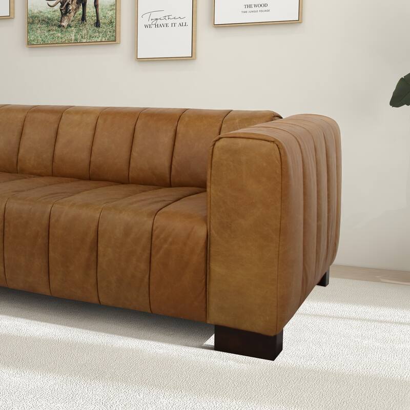 Hazel 93" Wide Mid Century Modern Living Room Leather Couch in Tan