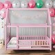 preview thumbnail 1 of 11, Kids and Baby Full Size Wooden Bed House Bed with House Roof ,Fence Guardrails Pink