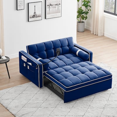 Blue 55'' Convertible Velvet Sleeper Sofa for Two, Pull-Out Bed with Adjustable Recline, Side Pockets, and Phone Holder