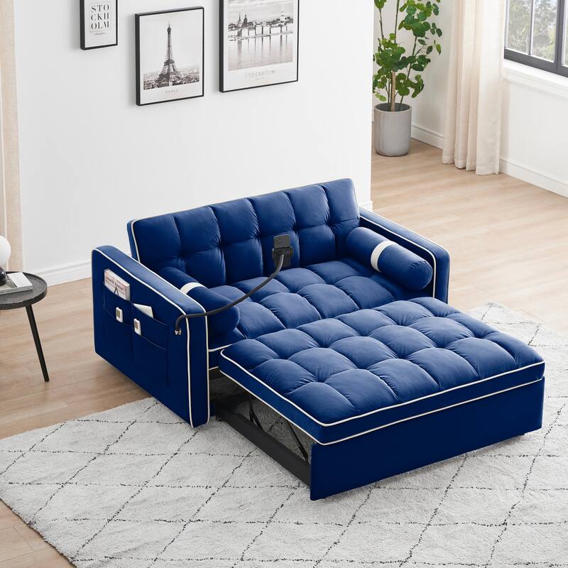 Blue Velvet 55'' Convertible Sleeper Sofa with Pull-Out Bed - Blue