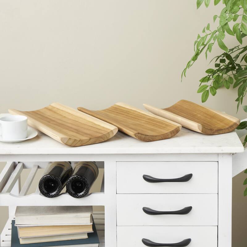 Teak Wood Handmade Minimalistic Curved Living Room Decor Tray - Set of 3 Brown - Roche River Decor