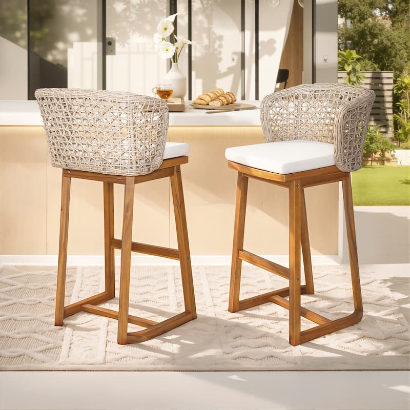 Scott Living Dome Outdoor Bar Stool Acacia Wood and Light Brown Wicker, Set of 2