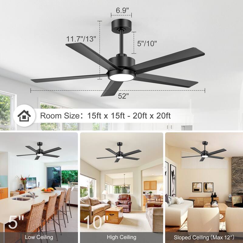 52"/ 65"/72" Black LED Ceiling Fan with Light Kit and Remote(5/8 Blade)