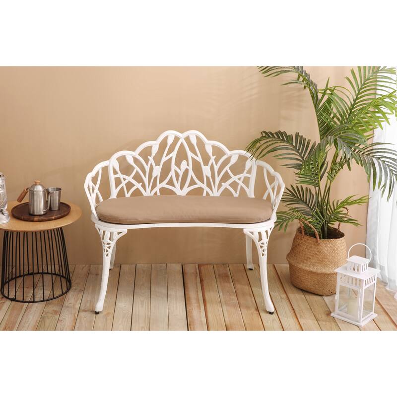 Tulip Patio Garden Bench Metal Park Bench Cast Aluminum Outdoor Furniture With Floral Rose For Patio With Cushion