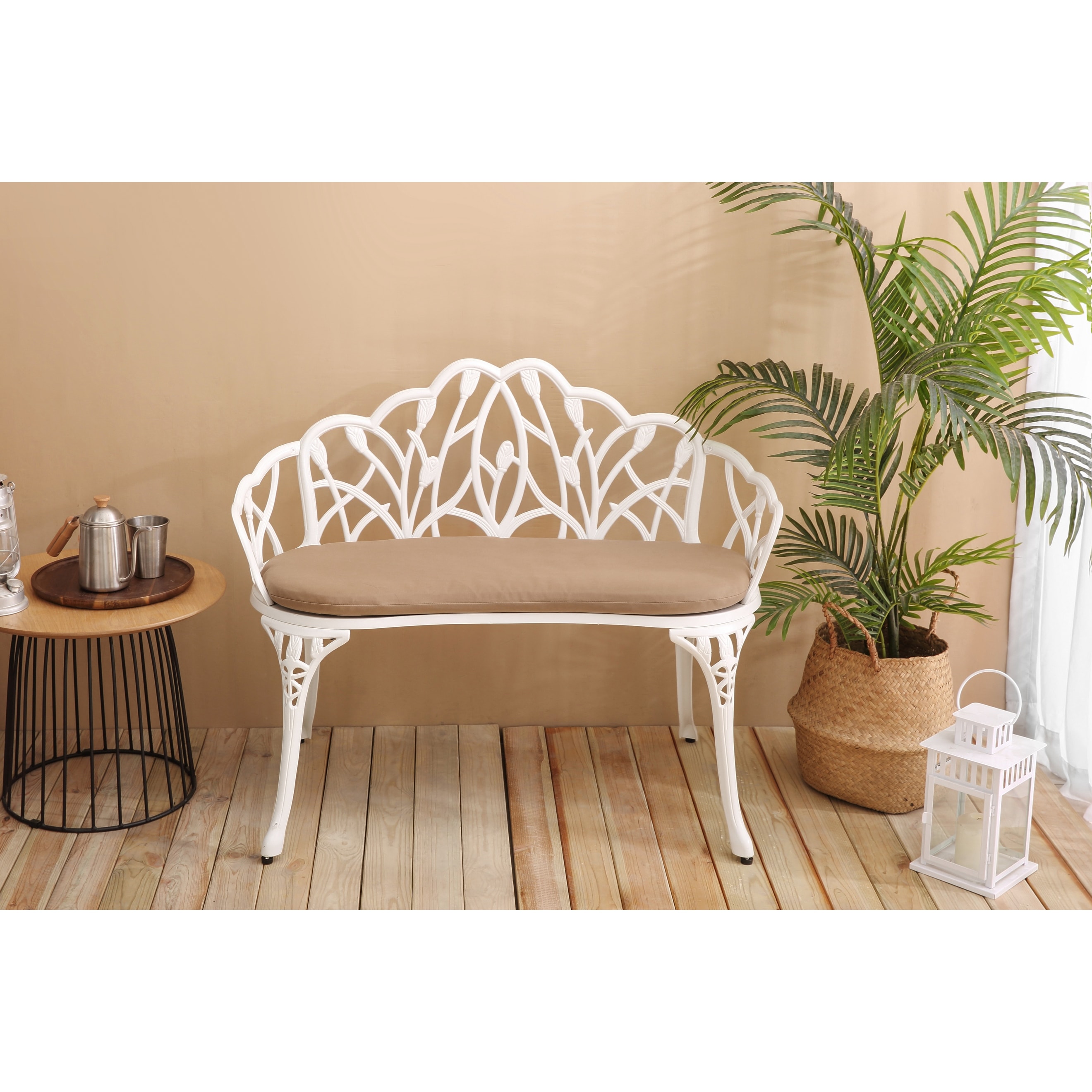 Tulip Patio Garden Bench Metal Park Bench Cast Aluminum Outdoor Furniture with Floral Rose，with cushion