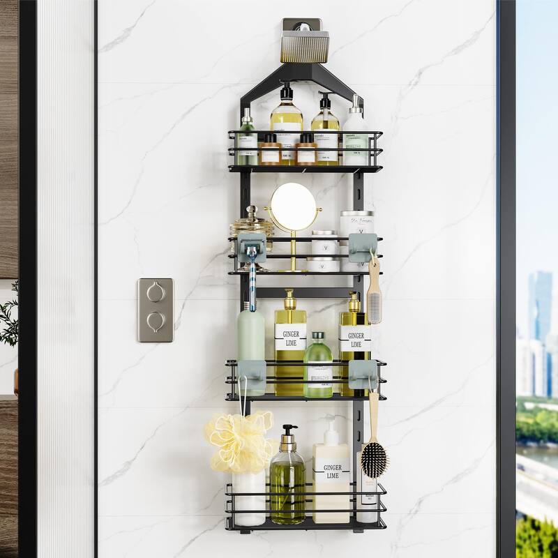 Adjustable Anti-slip Hanging Shower Caddy over Shower Head,Rustproof Bathroom Hanging shower Organizer with 4 Hooks for Razor