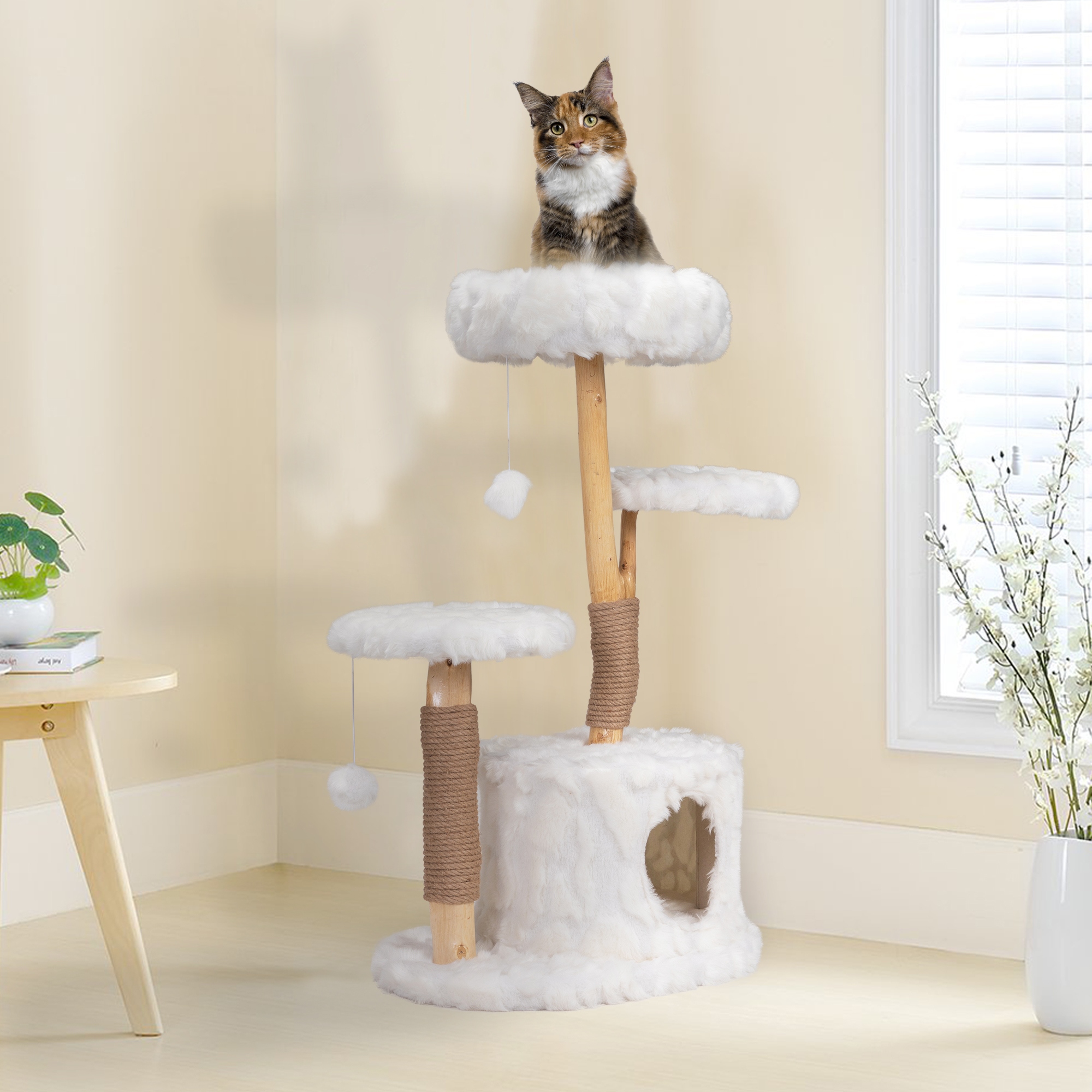 42in. Luxury Natural Branch Cat Tree Modern Indoor Cat Tree With bottom house White