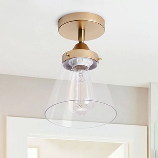 Vintage Gold 1-Light Cone Shape Transparent Glass Ceiling Semi Flush ...