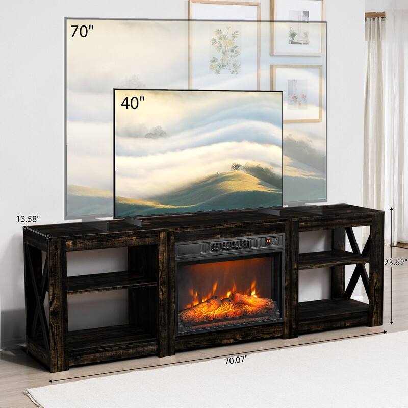 Farmhouse 70'' TV Stand For Tvs Up To 70'' With 23'' Electric Fireplace and Adjustable Shelves