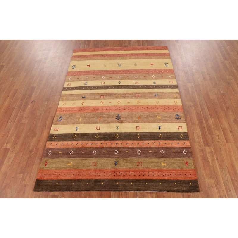 Striped Tribal Gabbeh Indian Area Rug Handmade Oriental Wool Carpet - 5'3"x 7'10"