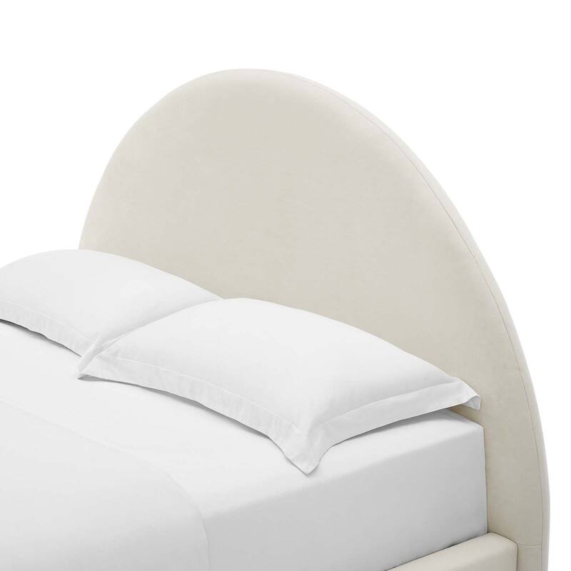 Palmetto Modern Round Headboard Off-white Velvet Upholstered King Size Platform Bed