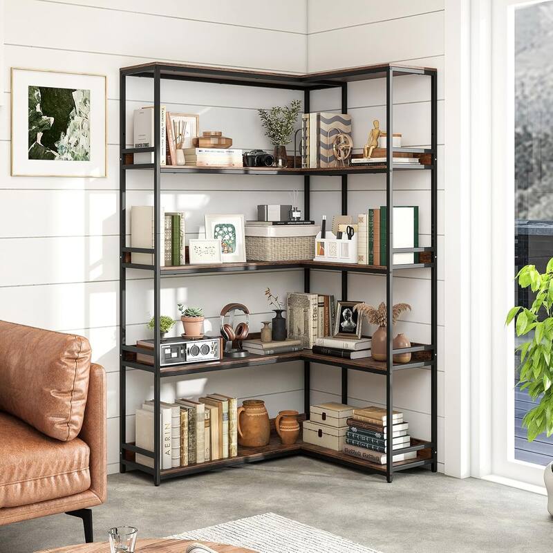 5-Tier Industrial Wood Open Corner Bookcase 90 Degrees Large Bookshelf