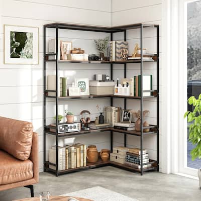 5-Tier Industrial Wood Open Corner Bookcase 90 Degrees Large Bookshelf