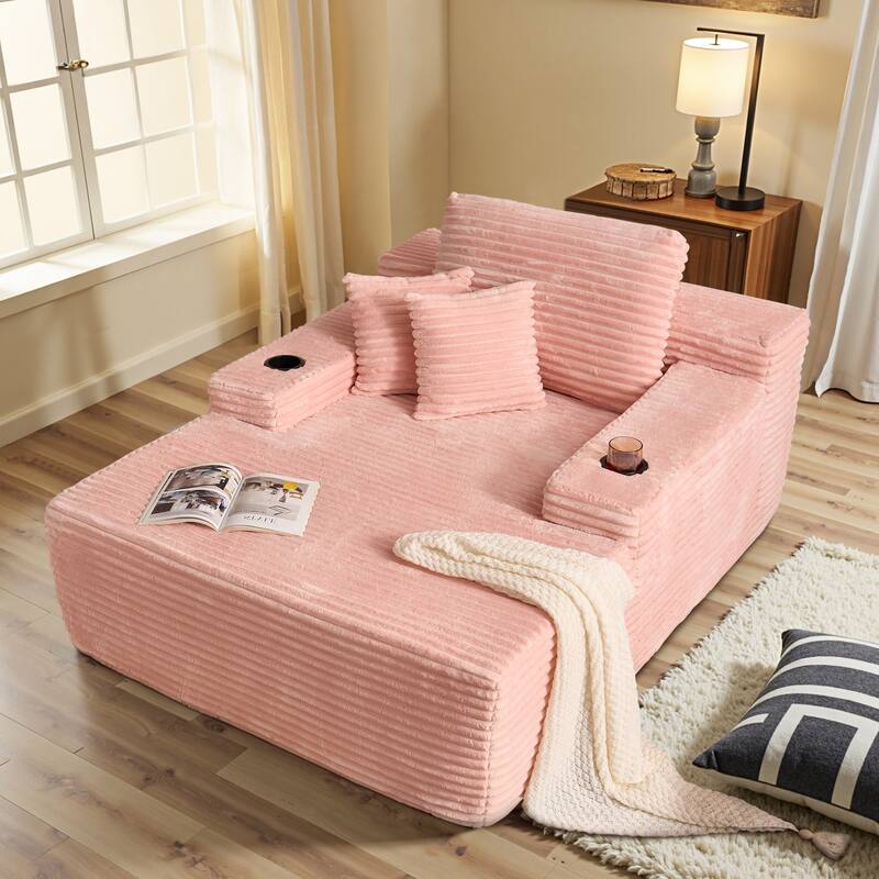 OVIOS Plush Convertible Floor Lounge Sofa with Cup Holder - Plush Pink