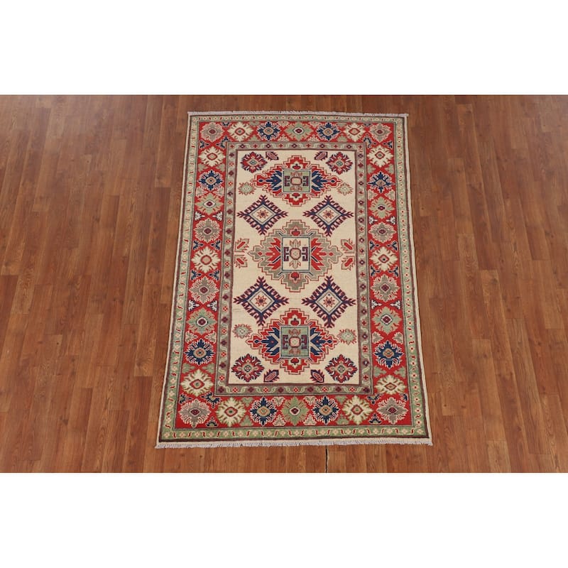 Beige / Ivory Kazak Area Rug Hand-Knotted Oriental Wool Carpet - 3'9" x 5'10"