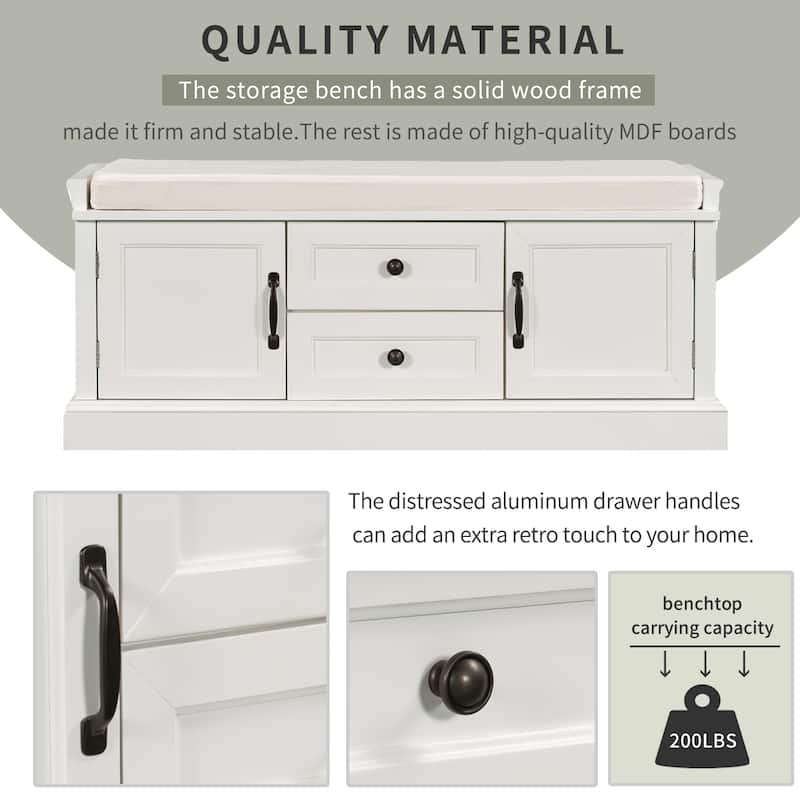 Storage Bench with 2 Drawers and 2 Cabinets, Shoe Bench with Removable Cushion for Living Room, Entryway