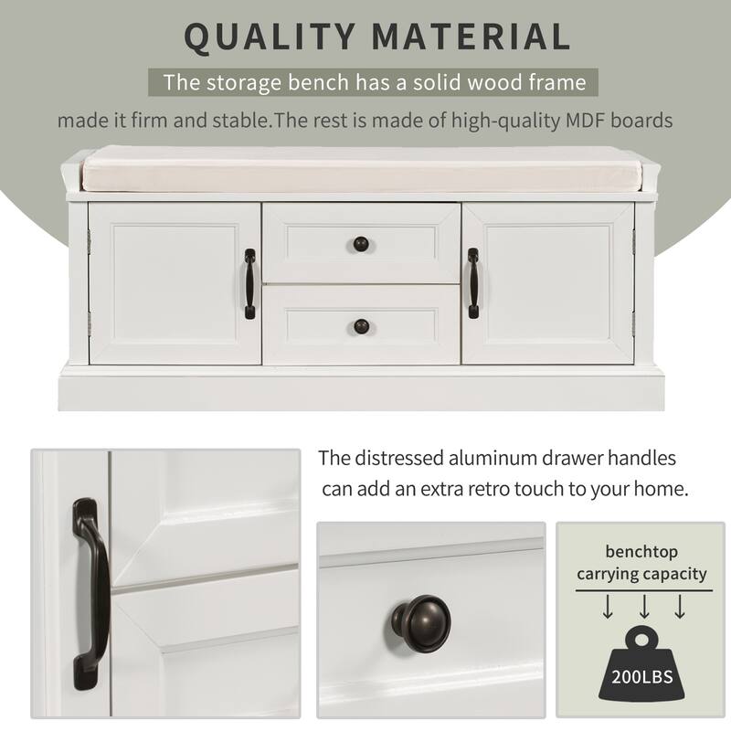 Storage Bench with 2 Drawers and 2 Cabinets, Shoe Bench with Removable Cushion