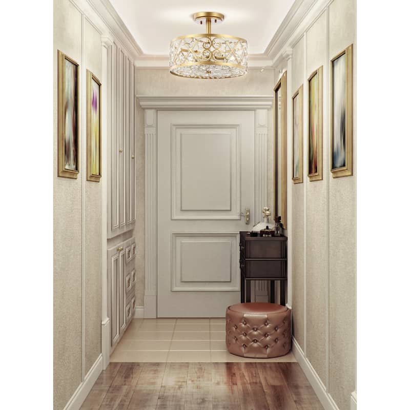 Stella 3-Light 13.25" Iron/Crystal Modern Glam LED Flush Mount, Gold by JONATHAN Y