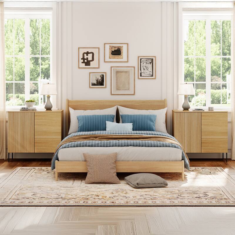 Modern Minimalist Wood Nightstand With Doors ,31.5" End Table,Reeded Design Bedside Table