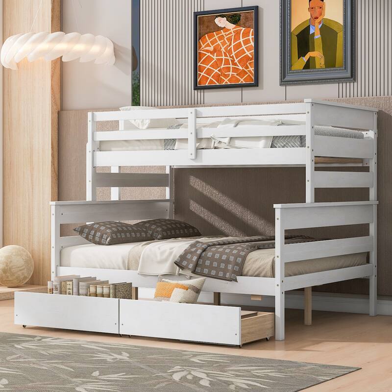 Twin over Full Solid Wood Bunk Bed Slat Support Full Length Guardrail Up Bed Separable Bed Frame with Drawer or Trundle - White - 2 Drawers - Full