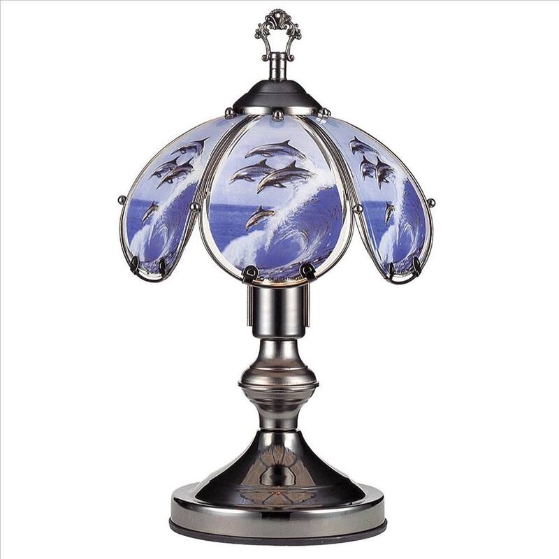 Umbrella Shade Glass Table Lamp with Prints - 23.5 H x 14.5 W x 14.5 L Inches - Dolphin Print