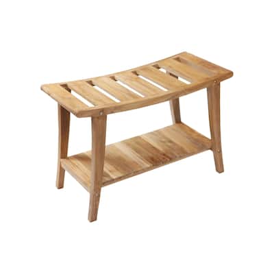 Nordic Style Solid Teak Asian Style Bench with Shelf - Beige