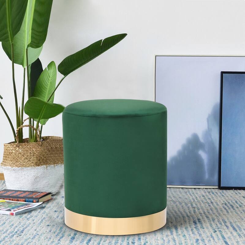 Adeco Round Ottoman Footstool Velvet Padded Vanity Stool Gold Trim