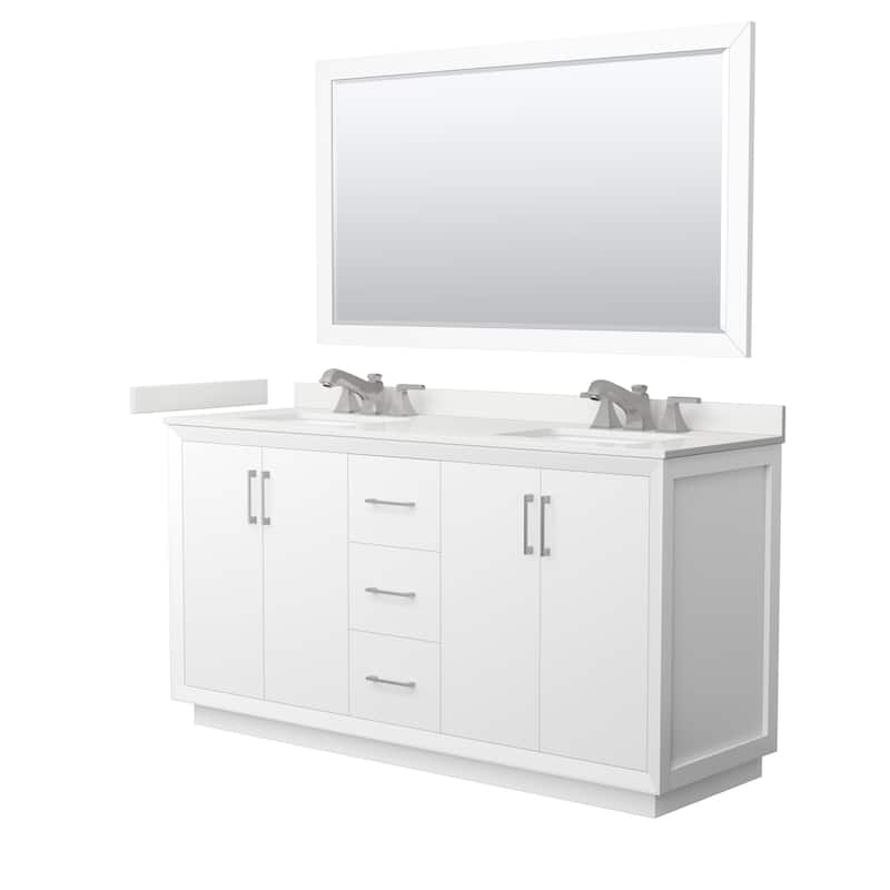 Strada 66-inch Double Vanity, Quartz Top, 58-inch Mirror - White, Nickel Trim, White Quartz Top