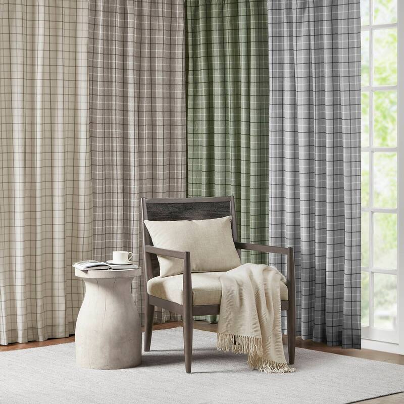 Madison Park Anaheim Plaid Faux Leather Tab Top Single Curtain Panel with Fleece Lining