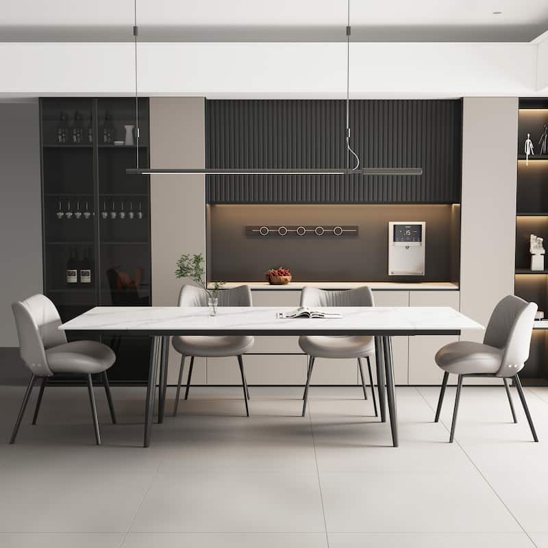 62.9'' to 94.4'' expandable Slate rectangular Glossy White kitchen Stone Top dining table stainless steel legs.
