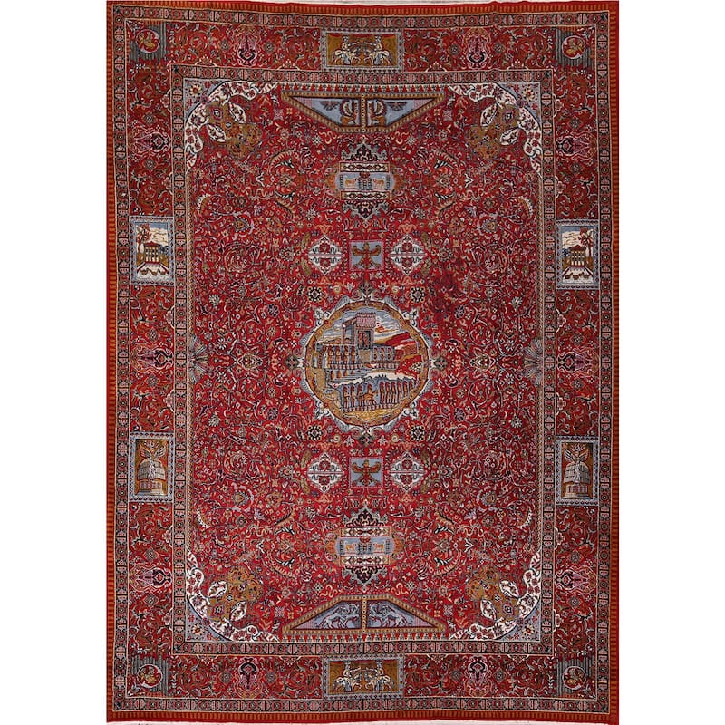 Pictorial Medallion Red Kashan Turkish Area Rug Machine Made Carpet - 9'8" x 12'5"