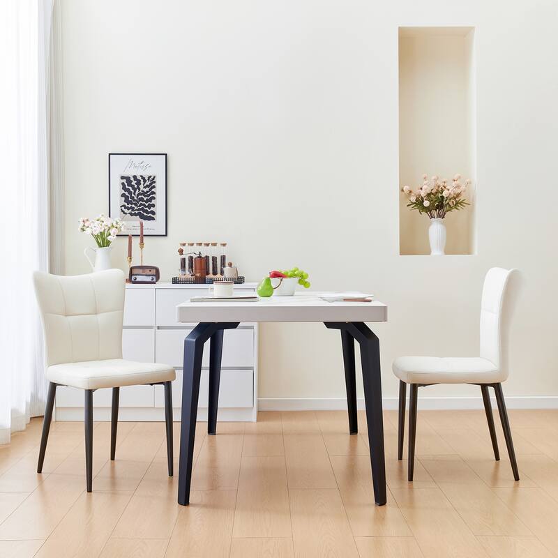 Set of 2 Side Chair Vanity Chair Office Chair Black White Leather Upholstered Dining Chair with Iron Legs - Black White