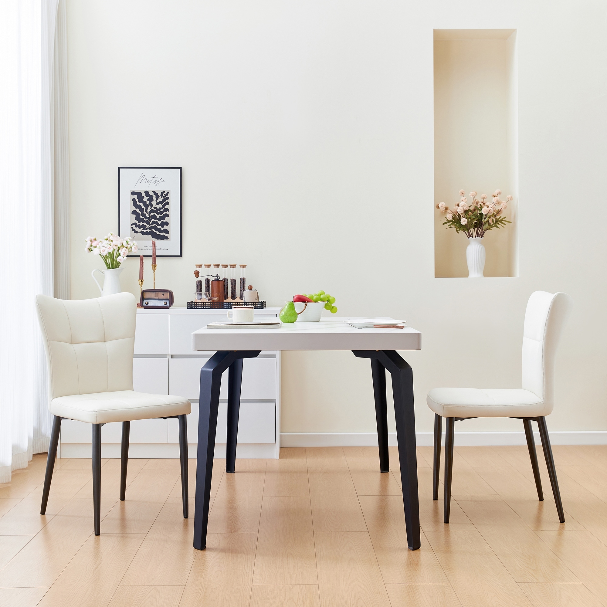 Set of 2 Side Chair Vanity Chair Office Chair Black White Leather Upholstered Dining Chair with Iron Legs