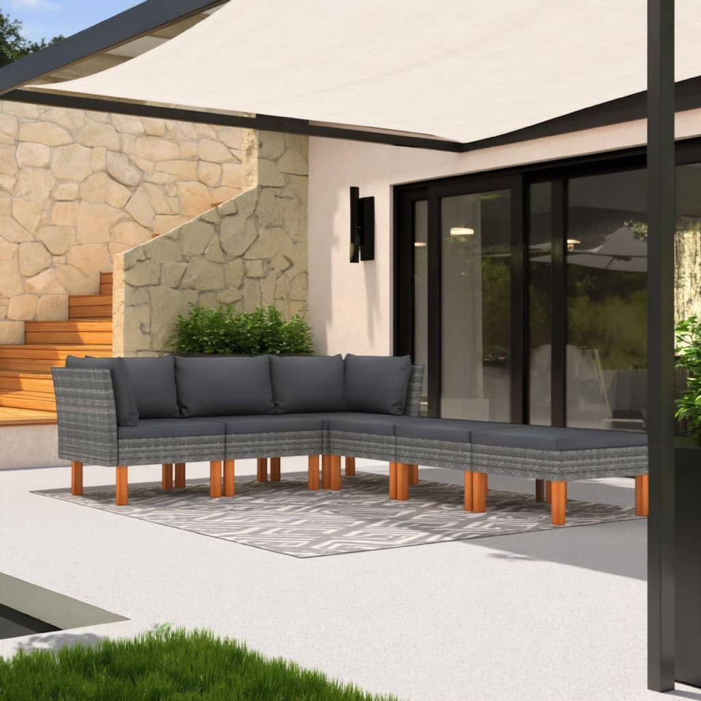 Feno 6pc Outdoor Modular Lounge L Sofa, 3 Ottomans, Dark Gray Rattan