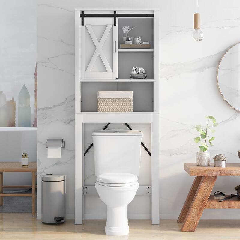 3-Tier White Over Toilet Bathroom Storage Cabinet Freestanding Organizer with Adjustable Shelves and Door - 27"W x 8.5"D x 67"H