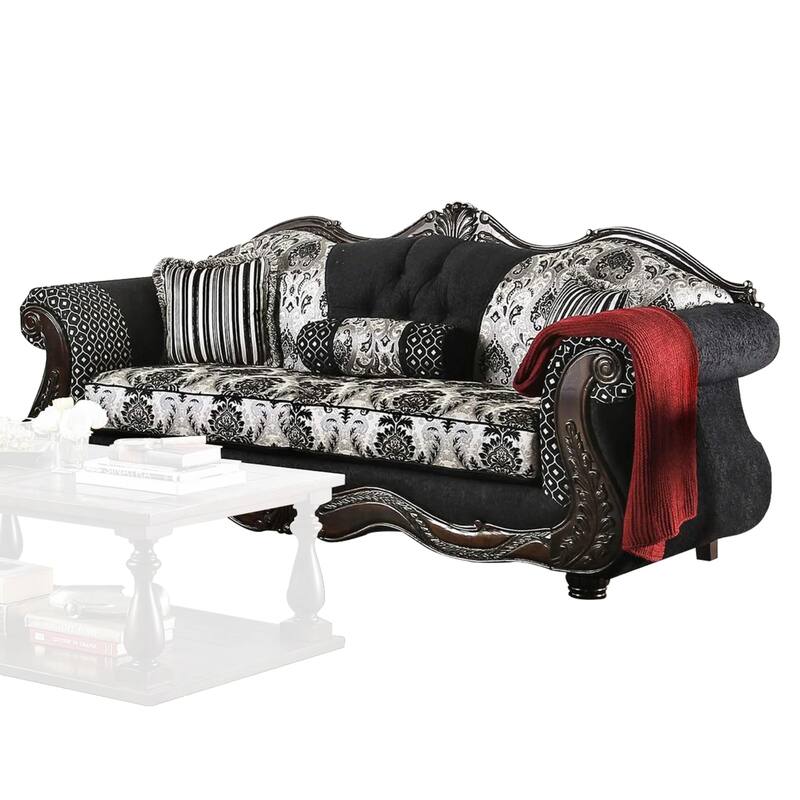 Jinaa 2pc Sofa Loveseat Set, Black Gray Chenille, 5 Accent Pillows