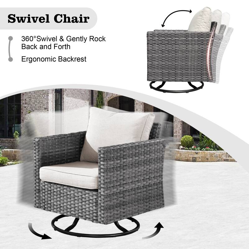 HOOOWOOO 10-piece Wicker Patio Furniture Sectional Sofa Set Swivel Rocker with Fire Pit Table
