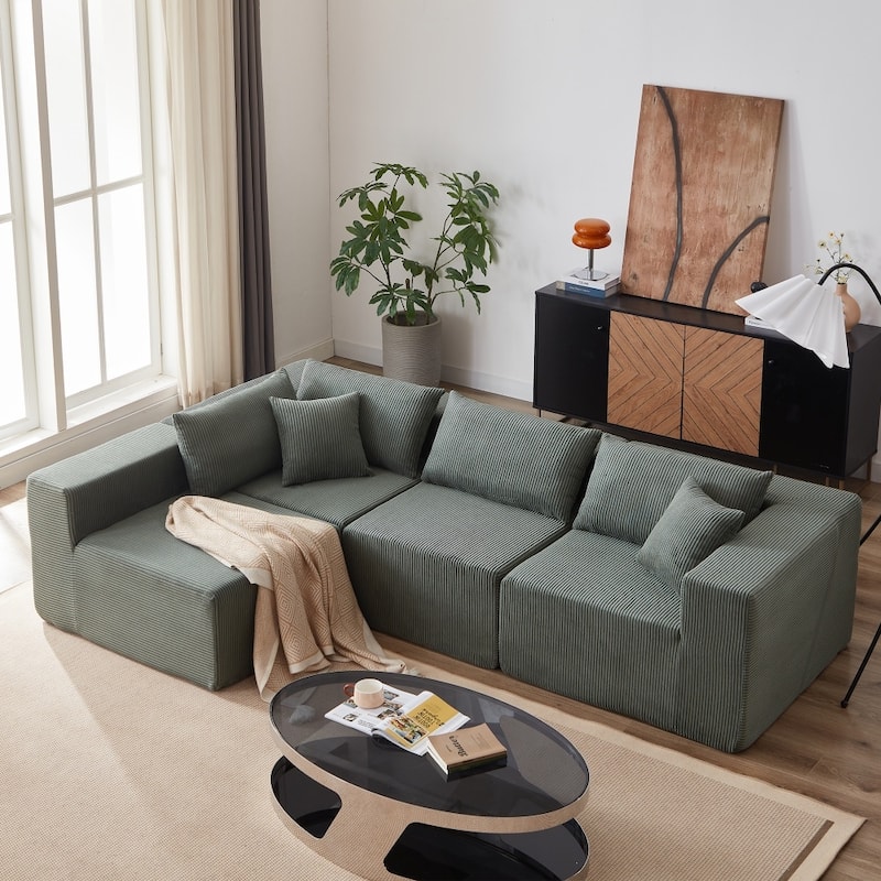 104" Corduroy Upholstered Modular L-shaped Sectional Sofa - Green