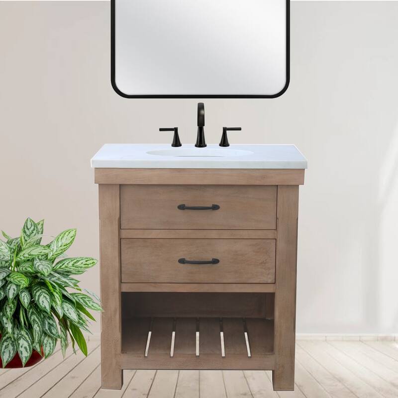 Deluxe natural finish vanity with 30 mm white marble top