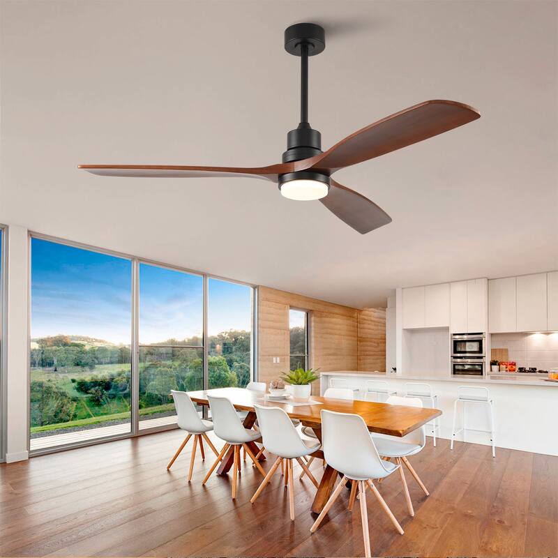 60 Inch Modern Ceiling Fan With 3 Color Dimmable 3 Solide Wood Blades Remote Control Reversible DC Motor With Led Light